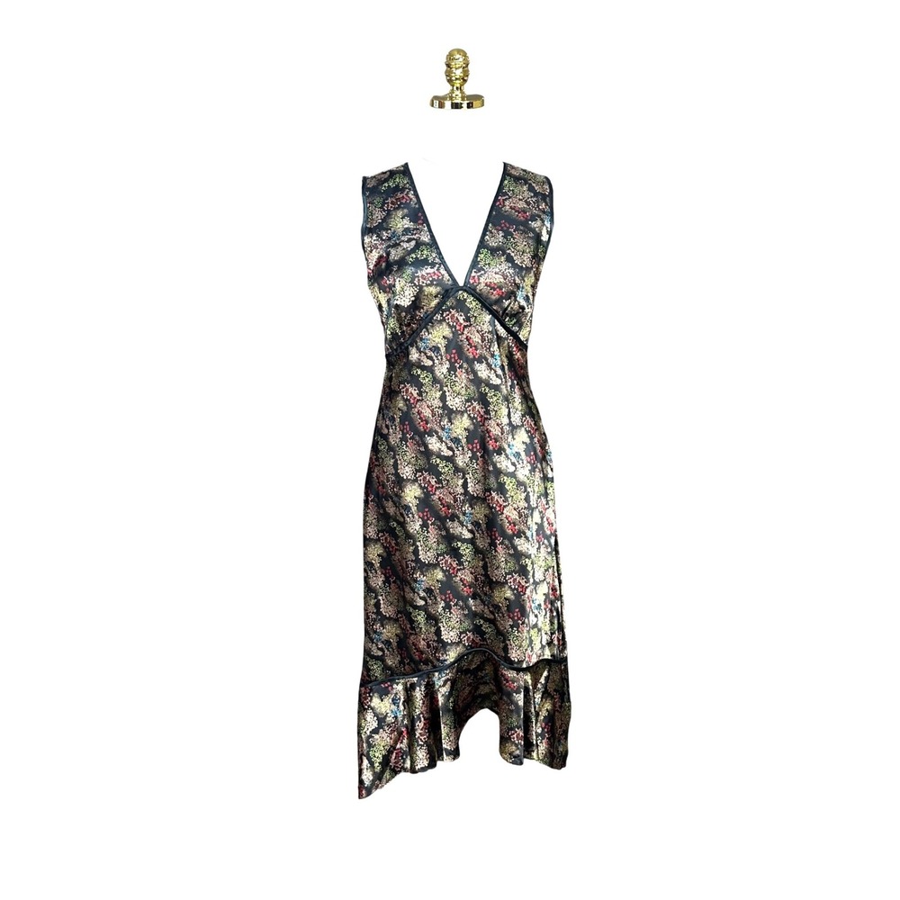 CDC Womens Black Floral Satin V-Neck Handkerchief Hem Midi Dress Size 10 SMP345